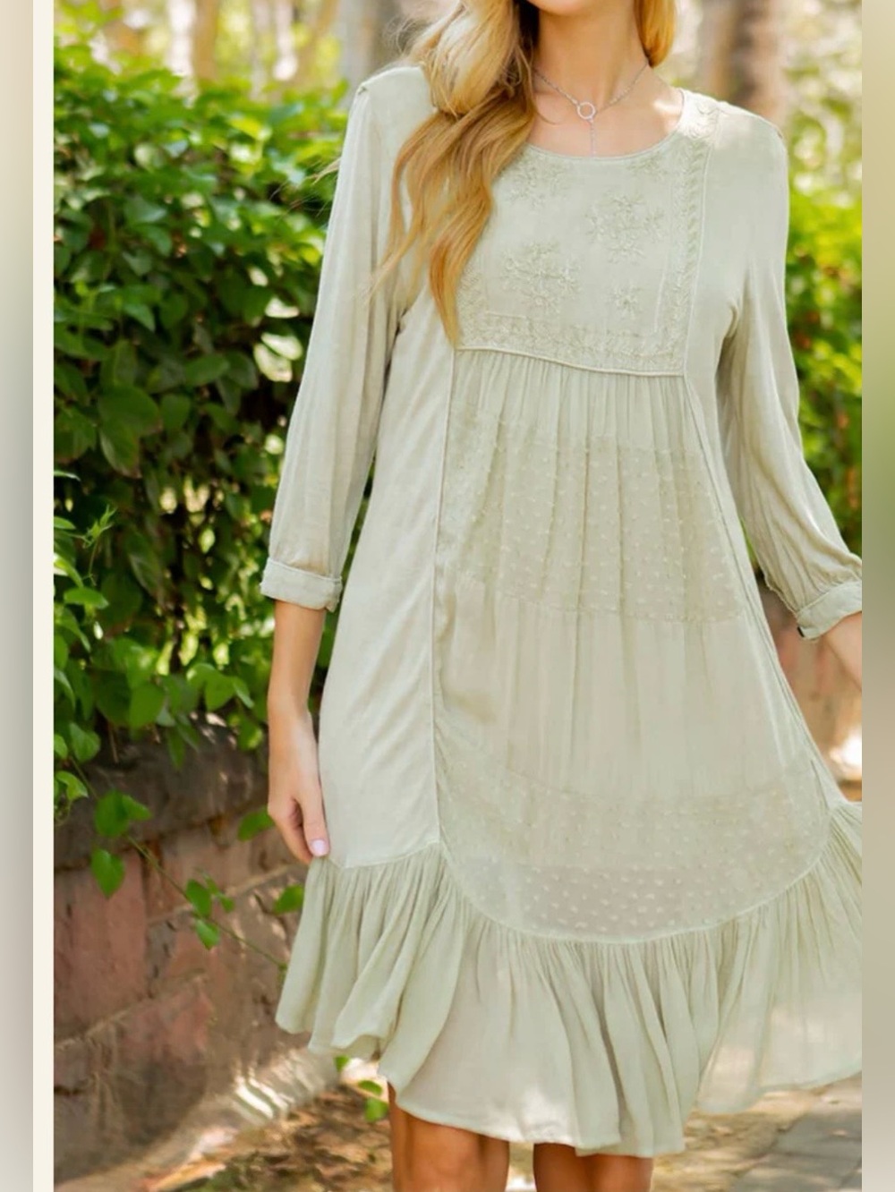 NWT Young Threads Avocado Crepe Embroidered Ruffle Scoop Neck A-Line Dress M